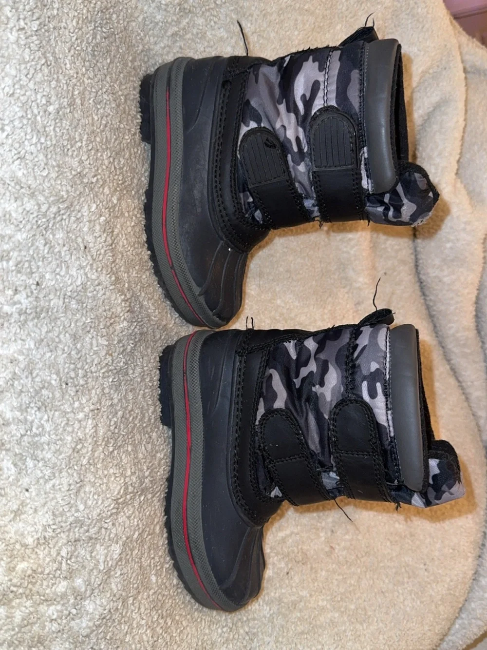 Kids Black Snow Boots with Gray Camo Trim - Easy Hook & Loop Closure